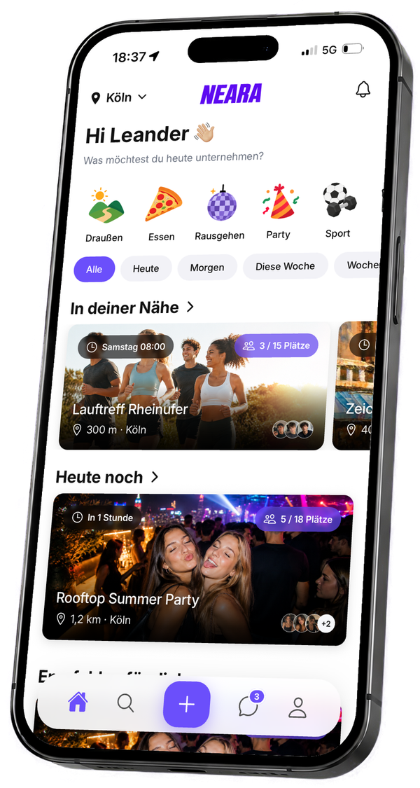 Die NEARA App zeigt Aktivitäten in der Nähe auf einem Smartphone